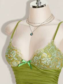 SHEIN ICON Contrast Lace Ruched Y2k Cami Top - Green - View 6