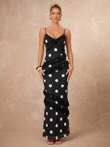Lumalex New Sleeveless Polka Dot Ruffle Trim Dress - Black and White - View 1