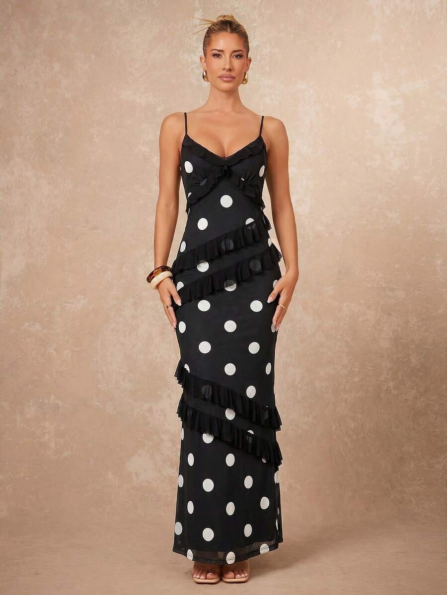 Lumalex New Sleeveless Polka Dot Ruffle Trim Dress - Black and White - View 1
