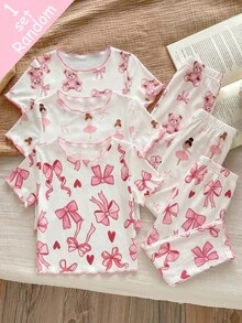 SHEIN 【随机3套，寄送1套】女婴睡衣，可爱甜美蝴蝶结，跳舞女孩，泰迪熊图案组合印花，荷叶边圆领短袖上衣和裤子两件套睡衣套装，春夏四季皆宜 - 白色 - 查看 4