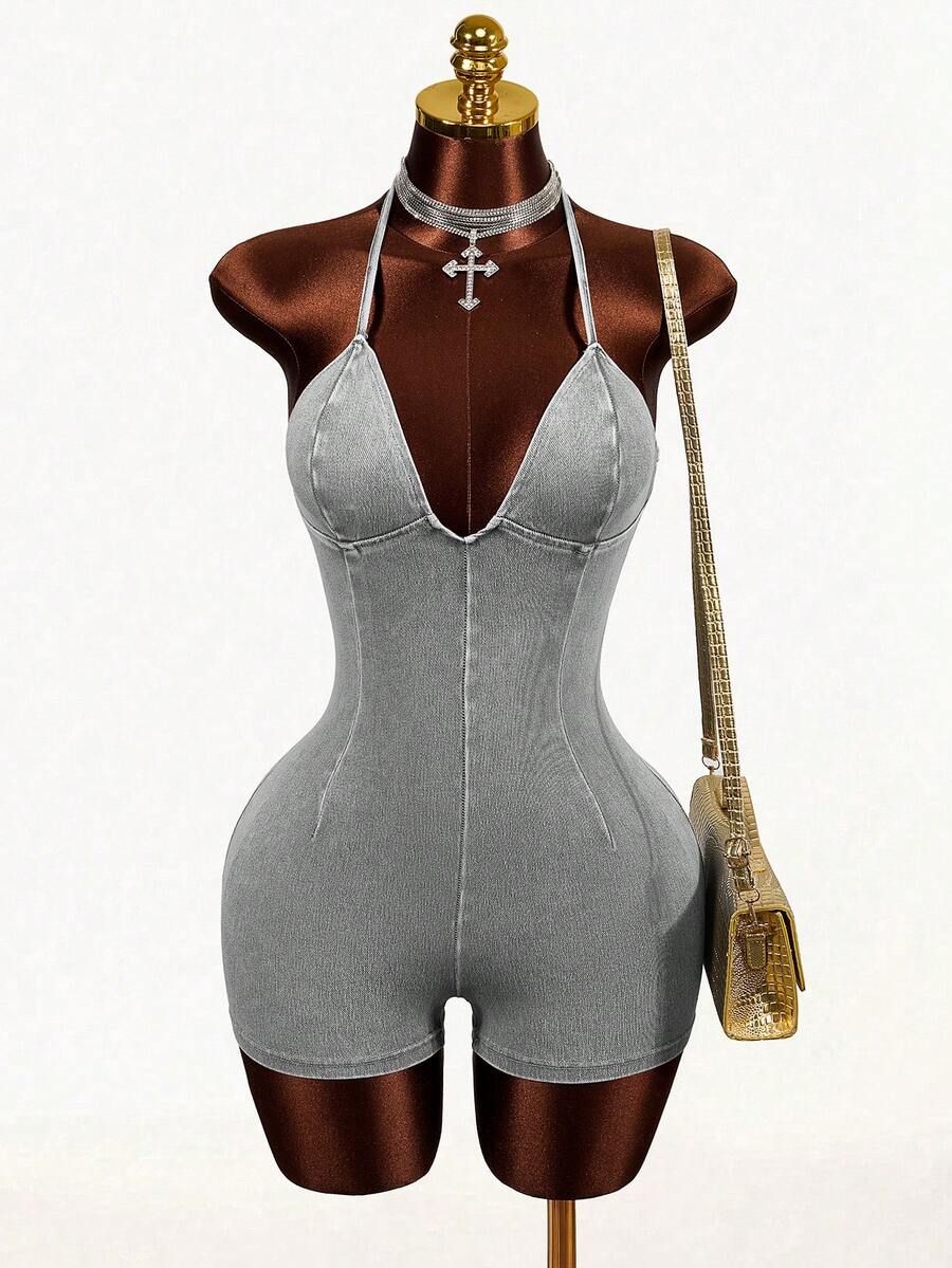 Mistrie Women's Deep V-Neck Fashionable Halter Denim Jumpsuit - Light Grey - View 1