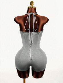 Mistrie Women's Deep V-Neck Fashionable Halter Denim Jumpsuit - Light Grey - View 2