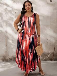SHEIN LUNE Plus Size Sleeveless Round Neck Colorful Abstract Print Dress - Multicolor - View 5