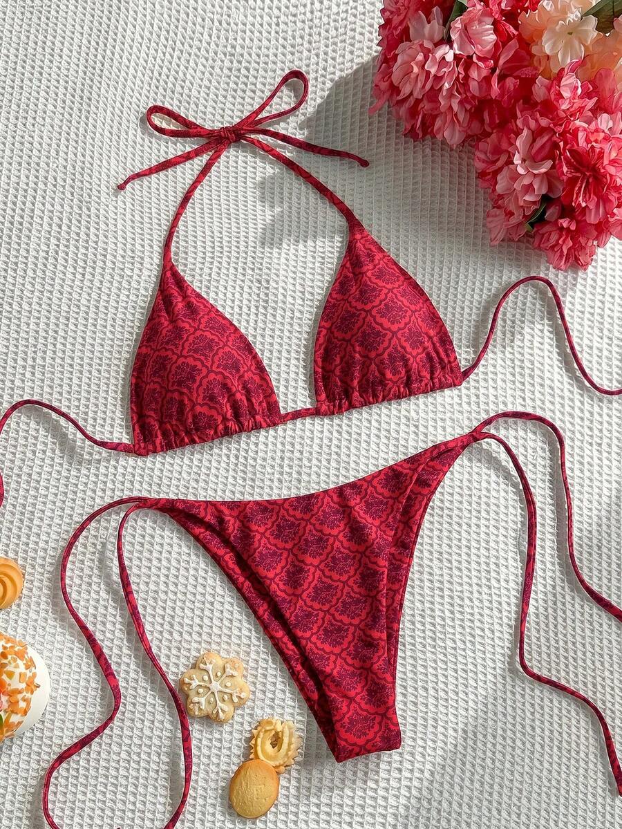 Swim Mod Printed Bikini Swimwear For Beach & Vacation - Burgundy - View 1