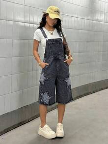青少年女孩時尚休閒Y2K復古酷街頭寬鬆毛邊後背帶黑灰色牛仔短褲 青少女服飾 日常穿搭 春夏電音節慶街頭風穿搭 - 黑色 - 查看 7