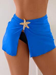 SHEIN Swim 1件女款性感純色側開衩海星裝飾沙灘罩衫 - 藍色 - 查看 3