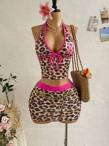 Soleia Conjunto de 2 piezas para vacaciones de mujer: Top con estampado floral de cuello halter y minifalda a juego, adecuado para la playa y la - Multicolor - Ver 7