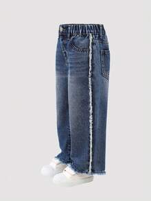 Genkimix Kids Denimly 青少女刺繡破洞直筒牛仔褲，休閒時尚學院風淺色水洗藍布料，不對稱破洞設計，高腰 - 藍色 - 查看 6