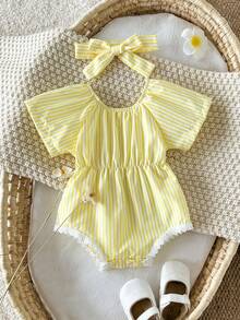 SHEIN Pelele casual de manga raglán a rayas para bebé niña - Amarillo - Ver 4