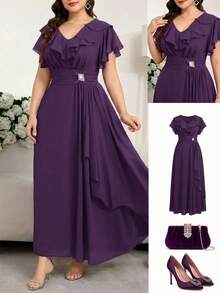 SHEIN Clasi Plus Size Women's Solid Color Ruffle V-Neck Elegant Dress - Purple - View 1