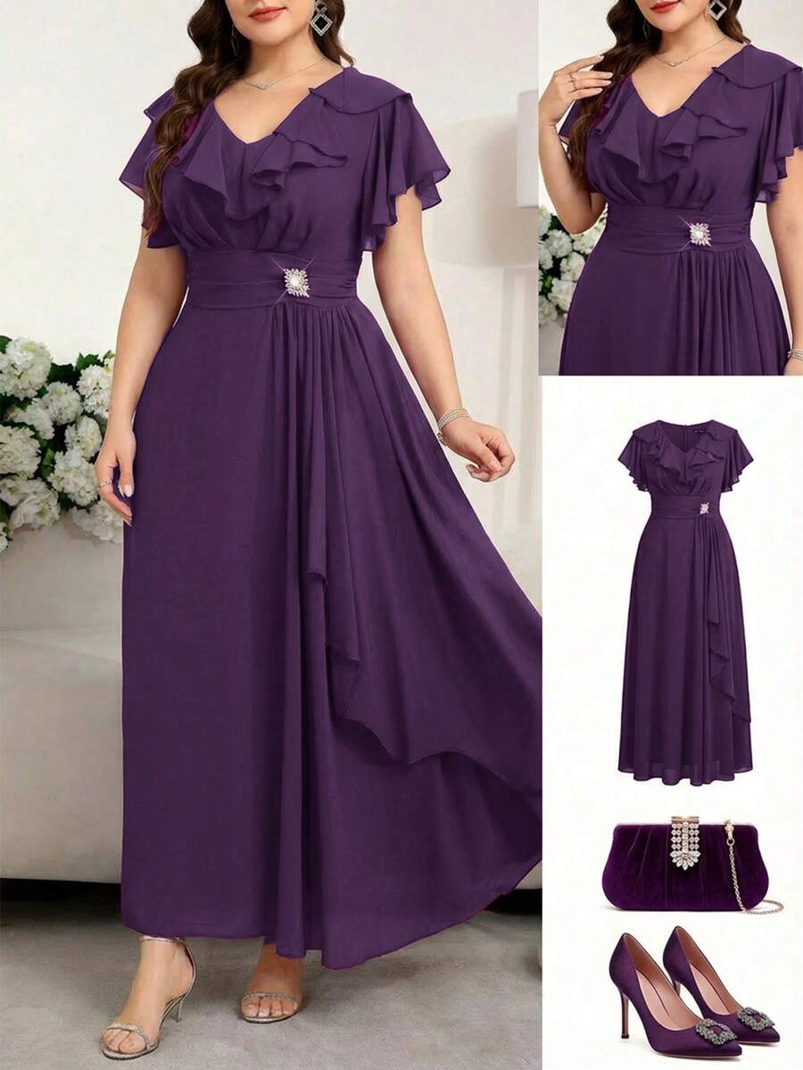 SHEIN Clasi Plus Size Women's Solid Color Ruffle V-Neck Elegant Dress - Purple - View 1