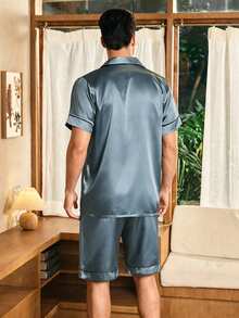 CoupledUp Men's Satin Solid Color Short Sleeve Shorts Pajama Set, Summer - Dusty Blue - View 2