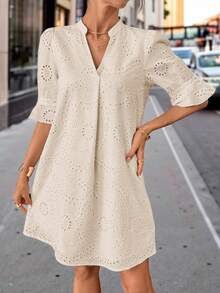 Editum Women's Notched Neck Cutout 3/4 Sleeve Ruffled Hem Eyelet Embroidery Loose Casual Dress, Pure White, Elegant For Daily, Vacation, Commute, Spring/Summer - Khaki - View 9