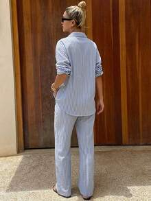 DAZY Women's Striped Long Sleeve Button-Up Shirt And Pants Pajama Set - Blue - View 2