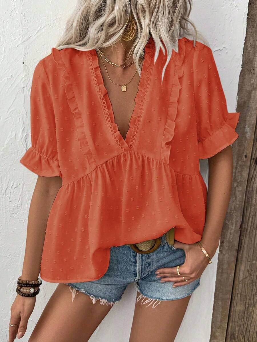 LanaWest Women's 3D Cut-Out V-Neck Petal Sleeve Blouse - Burnt Orange - View 1