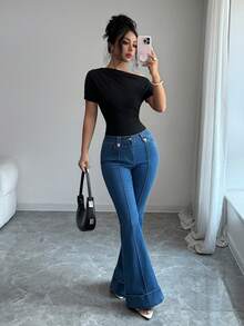 Selianne Women's Casual Versatile Daily Wear Button Pocket Flare Denim Jeans - Blue - View 1