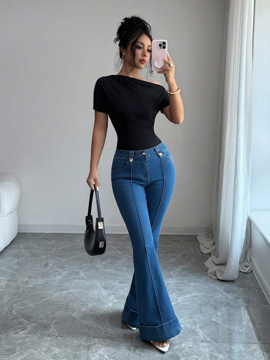 Selianne Women's Casual Versatile Daily Wear Button Pocket Flare Denim Jeans - Blue - View 1