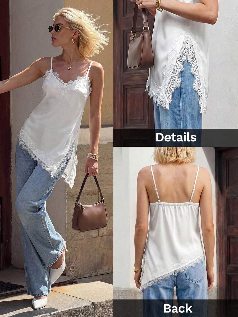 SHEIN ICON 女士仿丝绸和白色蕾丝高弹力优雅上衣，通勤、甜美、休闲和派对的完美之选，带来精致而轻松的感觉。