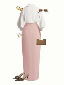GlowEve Women's Elegant Commuter Solid Color Shirt & Skirt 2 Pieces Set - Dusty Pink - View 2