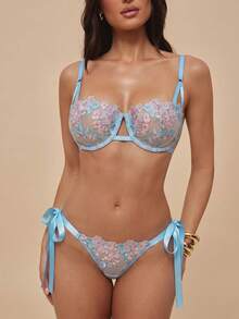 Silquee 2pcs/Set Women Sky Blue Embroidered Lace-Up Lingerie Set - Baby Blue - View 6