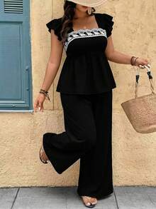 Breezaya Plus Size Women Lace Top And Wide Leg Pants Casual 2 Pieces Set - Black - View 4
