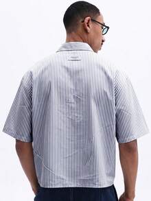 SUMWON Striped Cropped Short Sleeve Button-Up Shirt With Chest Pocket And Script Embroidery Summer - Light Grey - View 2