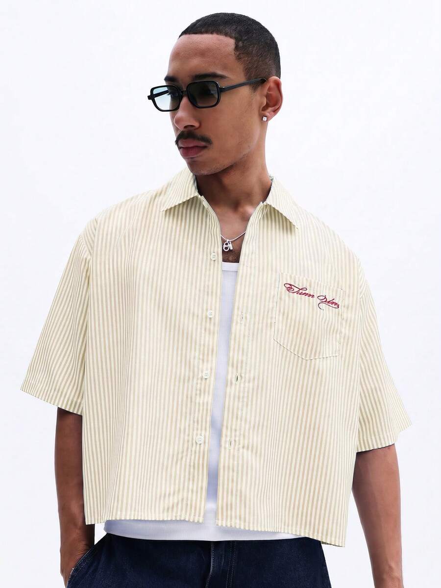 SUMWON Cropped Striped Short Sleeve Button-Up Shirt With Chest Pocket And Script Embroidery Summer Holiday - Apricot - View 1