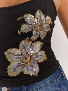 SHEIN BAE 女款夏季優雅亮片花卉刺繡細肩帶背心 - 黑色 - 查看 7