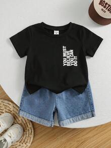 SHEIN 2件組中性嬰兒男/女童休閒短袖T恤與牛仔短褲套裝，春/夏街頭風穿搭 - 黑色 - 查看 3