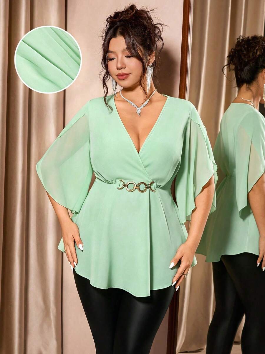 Cravure Plus Size Women's Solid Color Overlap V-Neck Ruffle Sleeve Elegant Blouse