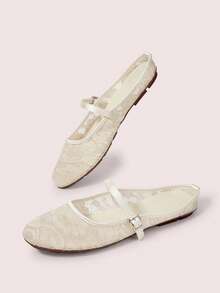 CUCCOO DOLLMOD Women's Shoes, Apricot, Round Toe Dew Heel Closed Toe Sandals, Flower Embroidered Mesh Yarn, Sweet And Cute, Comfortable, Soft And Breathable - Seaweed - Apricot - View 3