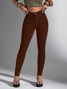Jeanoix Jeans ajustados de mujer con unicolor, bolsillos y botones - Café integral - Ver 4