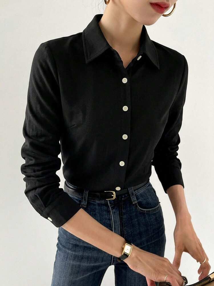 Women's Casual Solid Color Long Sleeve Shirt, Suitable For Daily Wear, Workplace And Commuting, Spring/Autumn