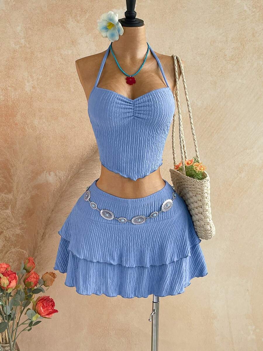 Soleia 橘色掛脖上衣與印花迷你裙兩件套,女款度假穿搭 - 藍色 - 查看 1