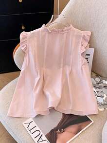 Franclia Blusa de unicolor con cuello de volantes y abotonadura para mujer - Rosa vieja - Ver 2