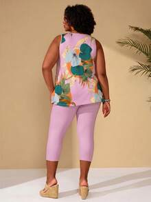 EMERY ROSE Plus Size Women Floral Print Ruffle Top And Pants Casual 2 Piece Set Vacation Lavender Summer For Beach Spring Clothing - Pink - View 2