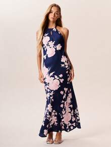 Willow Rêve Elegantes, bedrucktes Neckholderkleid für Damen, ideal für Hochzeiten, als Brautjungfer oder für festliche Anlässe in Marineblau mit Blumenmuster. Auch als Sommerkleid, Strandkleid, elegantes Partykleid oder Festival-Outfit geeignet. - Blau - Übersicht 3
