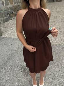 Jeta Ari Women Sleeveless Solid Color Halter Dress, Fashionable For Summer,Boho Clothes Women Elegant Party - Coffee - View 3