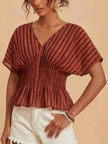 Travachic Top de mujer para vacaciones con estampado a cuadros, cintura fruncida, bajo con volantes y mangas de murciélago - Rojo - Ver 4