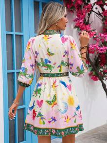 Vivid Eden Đầm nữ mùa hè phong cách Địa Trung Hải thanh lịch in họa tiết bướm cổ chữ V tay lồng đèn 3/4, mặc đi nghỉ dưỡng và thường ngày, thoáng khí và thoải mái cho những ngày hè, phù hợp cho kỳ nghỉ bãi biển phong cách Địa Trung Hải, đi chơi hàng ngày, chụp ảnh Santorini, hẹn hò với bạn gái và mọi dịp - Nhiều màu - Xem 3
