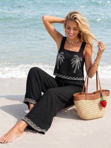Sylviya Women's Casual Tropical Vacation Summer Floral Print Tank Top And Pants 2 Pieces Set Outfits Beach Black - Black - View 4