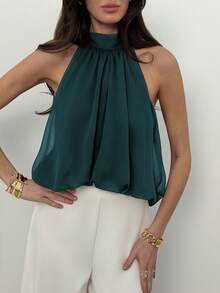 Aloruh Women's Summer Elegant Solid Color Pleated Halter Neck Top - Teal Blue - View 1