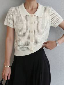 DAZY 女款領口條紋套頭短袖針織衫 夏季 - 杏色 - 查看 2