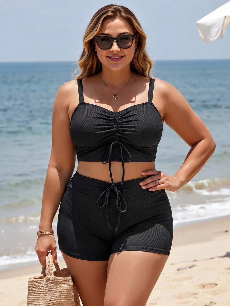 Swim Chiccia Plus Size Women's Summer Beach Solid Color Pleated Sexy ...