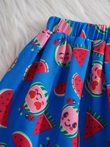 CoComelon X SHEIN Baby Girl Summer Casual Cartoon Pattern Ruffle T-Shirt And Watermelon Print Skirt Set - Apricot - View 9