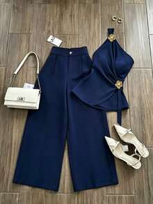 Set de 2 piezas con parte superior sin mangas de hombro asimétrico y falda para mujeres - Azul - Ver 3