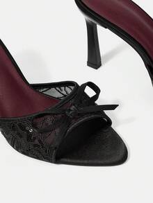 CUCCOO HITCHD Women's Pointed Shoelaces Bow Trim Stiletto High Heels - Pure black - View 4