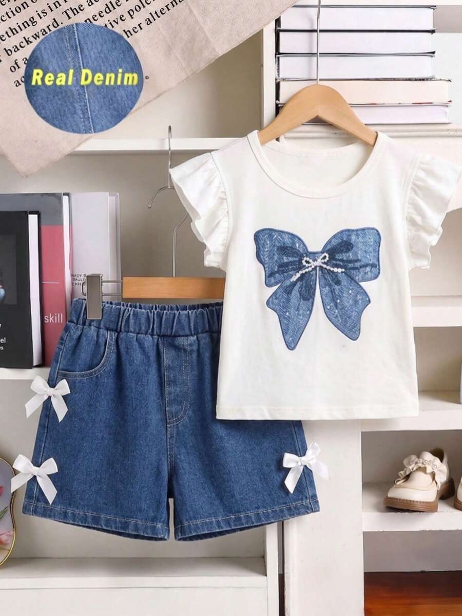 SHEIN 2pcs/Set Tween Girls Blue And White Stripe,Summer,Cute,Vacation,Holiday Embroidered Floral Denim Fringe Shorts Set,Textured Fabric Sweet Casual Outfit - Black - View 1