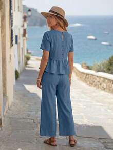 EMERY ROSE Women's Solid Color Round Neck Ruffle Hem Short Sleeve Top And Slant Pocket Long Pants Elegant Casual Suit Vacation Slate Blue Summer - Blue - View 2