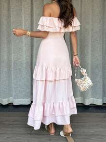 DAZY Off-Shoulder Rüschen-Mittelänge Urlaubs-Kleid für Frauen - Pink - Übersicht 2